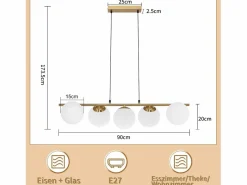 NETTLIFE Lámpara colgante cristal dorado diámetro 90 cm E27 moderna 150 cm altura regulable vintage para salón barra de bar I sin bombilla Blanco