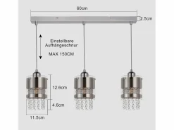 Lámpara colgante moderna de 3 bombillas E27, diámetro de 60 cm, altura ajustable, cristal y cristal, para comedor, máx. 25 W.^NETTLIFE Discount