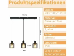 NETTLIFE Lámpara Colgante Vidrio Diam.68 cm E27 Vintage 3 Bombillas Lámpara de Lámpara Industrial Retro para Sala de Estar Hotel Oficina Negro New
