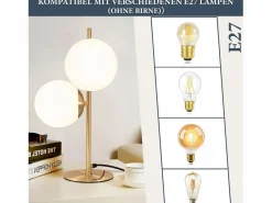 lámpara de mesa / lámpara de cabecera moderna y industrial dorada, 2 bombillas con interruptor, diseño de metal y vidrio , E27.^NETTLIFE