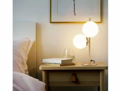lámpara de mesa / lámpara de cabecera moderna y industrial dorada, 2 bombillas con interruptor, diseño de metal y vidrio , E27.^NETTLIFE