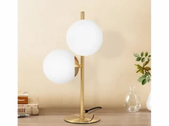lámpara de mesa / lámpara de cabecera moderna y industrial dorada, 2 bombillas con interruptor, diseño de metal y vidrio , E27.^NETTLIFE