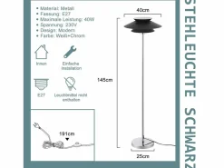 NETTLIFE Lámpara De Pie|Lámpara de pie de salón negra moderna E27 1 llama con interruptor de pie Diseño industrial de metal vintage Altura 145 CM