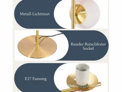 Lámpara de pie moderna -para sala de estar E27 Lámpara de 3 llamas con diseño dorado de pie industrial de vidrio y metal^NETTLIFE New