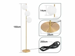 Lámpara de pie moderna -para sala de estar E27 Lámpara de 3 llamas con diseño dorado de pie industrial de vidrio y metal^NETTLIFE New