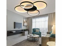 NETTLIFE Lámpara de techo LED para sala de estar regulable de 70 W con control remoto, 5 anillos, acrílico moderno blanco Negro Hot