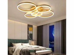 Lámpara de techo LED dorada con 2 anillos acrílicos, 46 W, regulable, para salón, moderna, 59 cm, con mando a distancia^NETTLIFE Hot