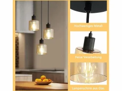 NETTLIFE Lámpara Suspendida|Mesa de comedor suspendida. Lámpara colgante vintage con 3 bombillas. Lámpara de mesa de comedor suspendida, E27, metal negro, retro industrial.