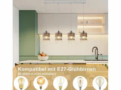NETTLIFE Lámpara Suspendida|Mesa de comedor suspendida moderna de cristal, con 4 lámparas E27 suspendidas, 150 cm, altura regulable.