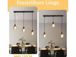 NETTLIFE Mesa suspension para comer, lámpara colgante vintage, 3 bombillas colgantes E27, metal negro, retro industrial. Dorado