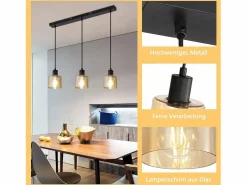 NETTLIFE Mesa suspension para comer, lámpara colgante vintage, 3 bombillas colgantes E27, metal negro, retro industrial. Dorado