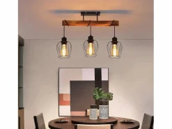 NETTLIFE Plafón 3 focos metal y madera negra Lámpara de salón vintage E27 en madera flameada de diseño industrial regulable en altura sin bombilla Negro Discount