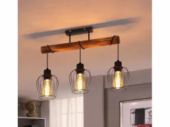 NETTLIFE Plafón 3 focos metal y madera negra Lámpara de salón vintage E27 en madera flameada de diseño industrial regulable en altura sin bombilla Negro Discount