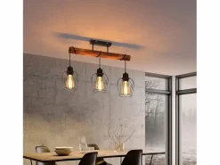 NETTLIFE Plafón 3 focos metal y madera negra Lámpara de salón vintage E27 en madera flameada de diseño industrial regulable en altura sin bombilla Negro Discount