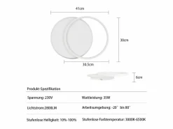 NETTLIFE Plafón LED Ajustable con Telécontrol, Blanco. Plafón de 35W, Moderno, Plano y Redondo, de 41 cm de Diámetro. Negro / Blanco Clearance