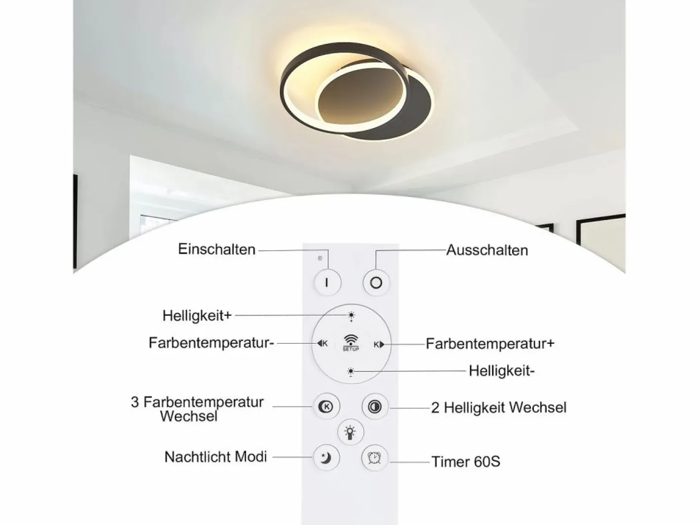 NETTLIFE Plafón|Plafón LED para salón, dimmable, moderno, con mando a distancia para el pasillo.