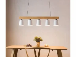 Suspensión 5 bombillas E27 blanca moderna Lámpara de comedor de metal y madera Diam.102cm para cocina salón pasillo hotel^NETTLIFE Discount