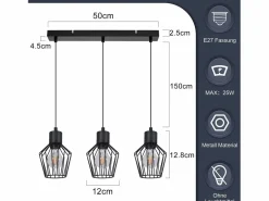 NETTLIFE Suspensión con 3 llamas, suspensión metálica industrial negra, LED E27, metálica. Negro New