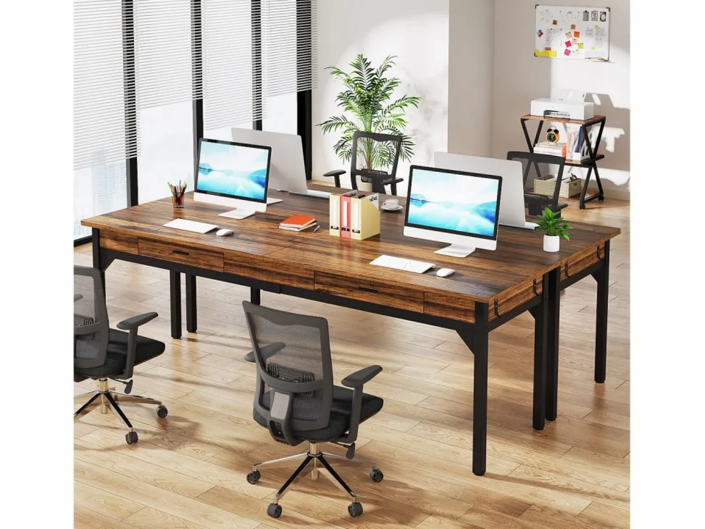 Tribesigns Mesa De Ordenador|Oficina de Informática, Mesa de estudio, Escritorio doble largo con 2 cajones, 200 x 60 x 82 cm, Marrón rústico