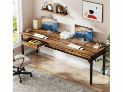 Tribesigns Mesa De Ordenador|Oficina de Informática, Mesa de estudio, Escritorio doble largo con 2 cajones, 200 x 60 x 82 cm, Marrón rústico