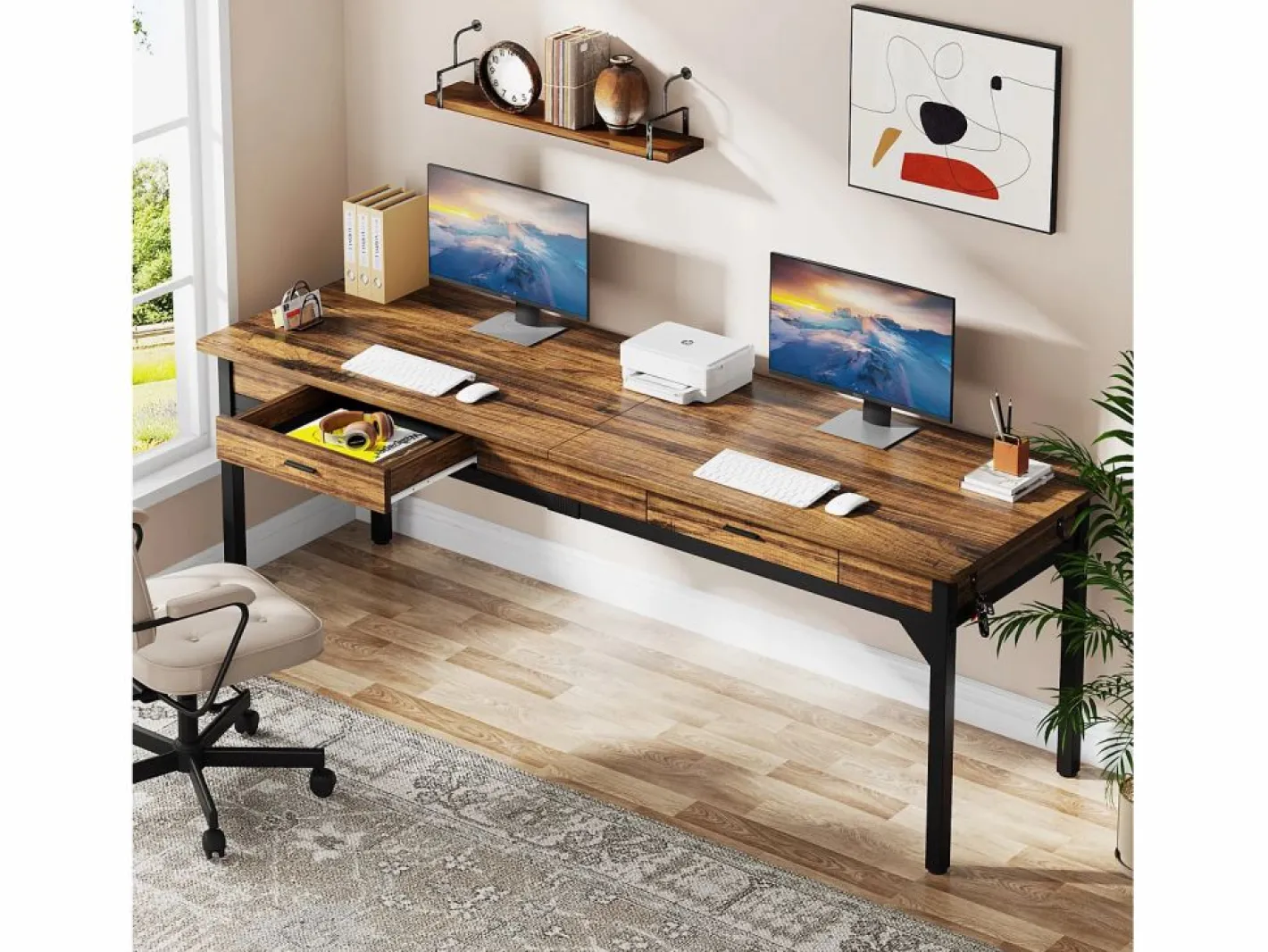 Tribesigns Mesa De Ordenador|Oficina de Informática, Mesa de estudio, Escritorio doble largo con 2 cajones, 200 x 60 x 82 cm, Marrón rústico