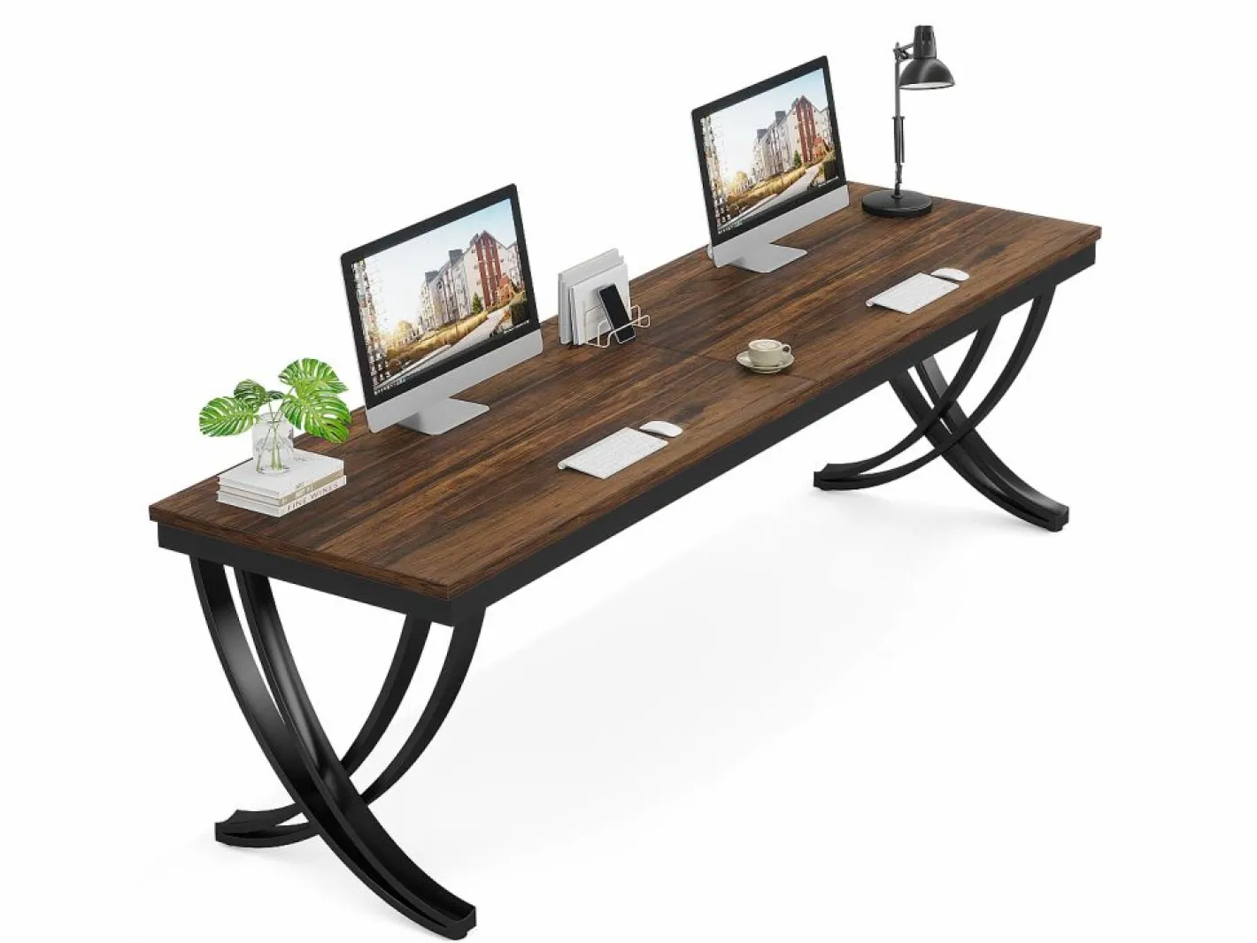 Oficina informática, Mesa para portátil, Gran escritorio doble para oficina en casa, 200 x 70 x 75 cm, Marrón rústico^Tribesigns Best