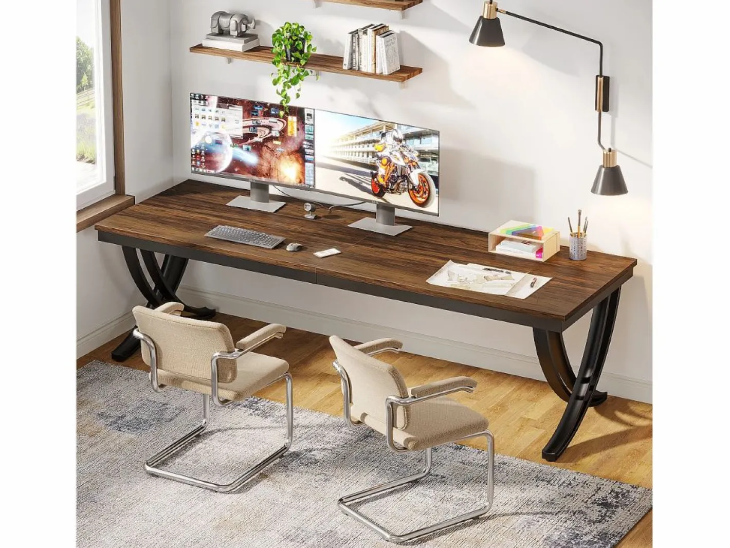 Oficina informática, Mesa para portátil, Gran escritorio doble para oficina en casa, 200 x 70 x 75 cm, Marrón rústico^Tribesigns Best