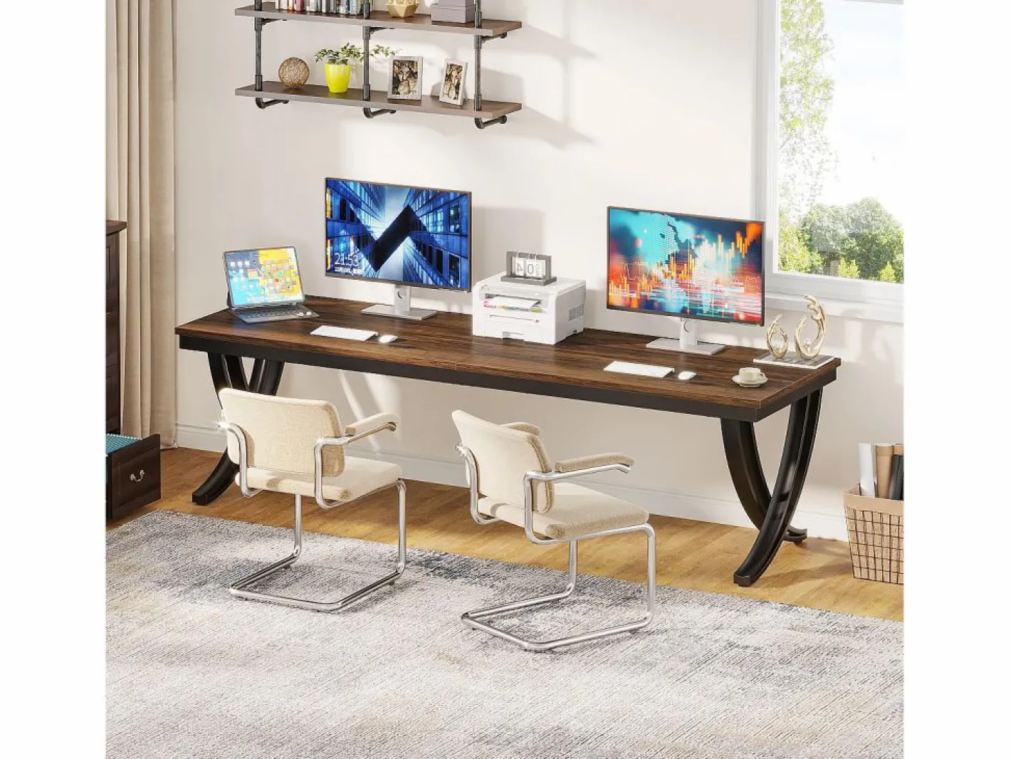 Oficina informática, Mesa para portátil, Gran escritorio doble para oficina en casa, 200 x 70 x 75 cm, Marrón rústico^Tribesigns Best