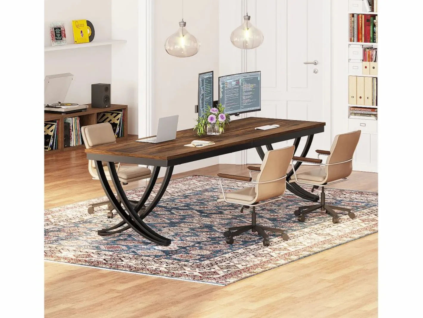 Oficina informática, Mesa para portátil, Gran escritorio doble para oficina en casa, 200 x 70 x 75 cm, Marrón rústico^Tribesigns Best