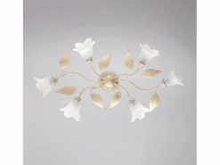 Olga - Lámpara de techo en hierro lacado marfil con decoración. Difusores de oro antiguo y cristal d. 14 alabastro blanco 6 luces L. 70 X 52 Dorado Hot