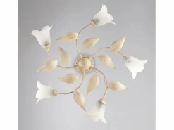 Plafón|Olga - Lámpara de techo marfil con cristal alabastro y acabado oro antiguo, 5 luces Ø70 cm