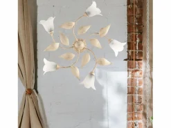 Plafón|Olga - Lámpara de techo marfil con cristal alabastro y acabado oro antiguo, 5 luces Ø70 cm