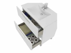 Pack baño brillo: mueble + espejo + lavabo cerámico + col. auxiliar Blanco Outlet