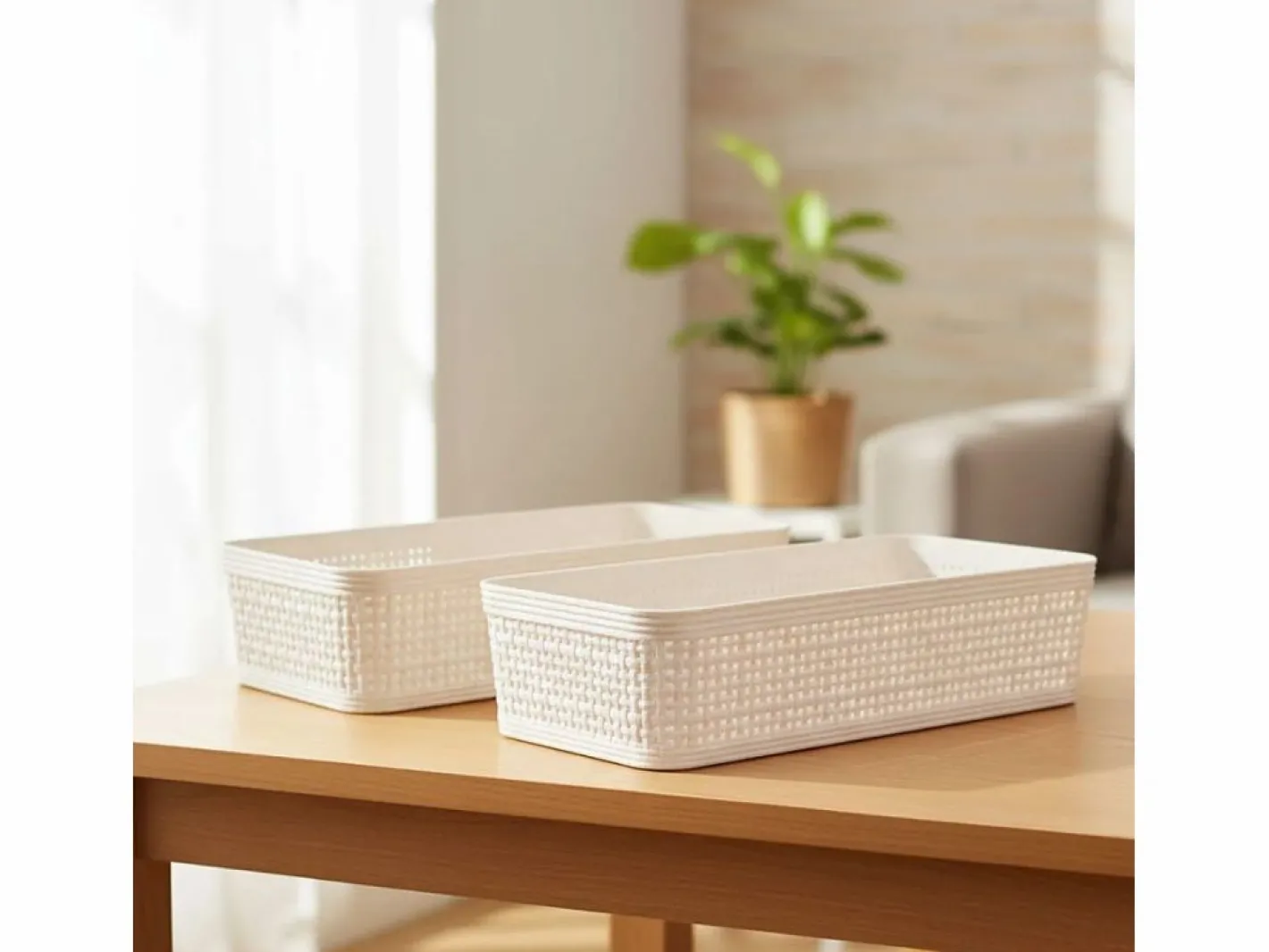 Pack de 2 cestas organizativas 6x13x25 cm Beige Discount
