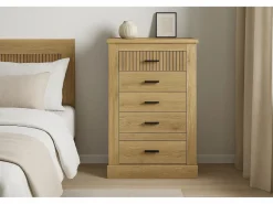 Muebles Niño|Pack de Muebles de Dormitorio Habitación Infantil con Cabecero, 1 Mesita de Noche 3 Cajones y Sinfonier en Color Blanco Mate Mauvella Rayas