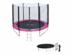 Happy Garden Cama Elástica|Pack Premium Trampolín 245cm reversible / rosa CANBERRA + red, escalera, funda y kit de anclaje