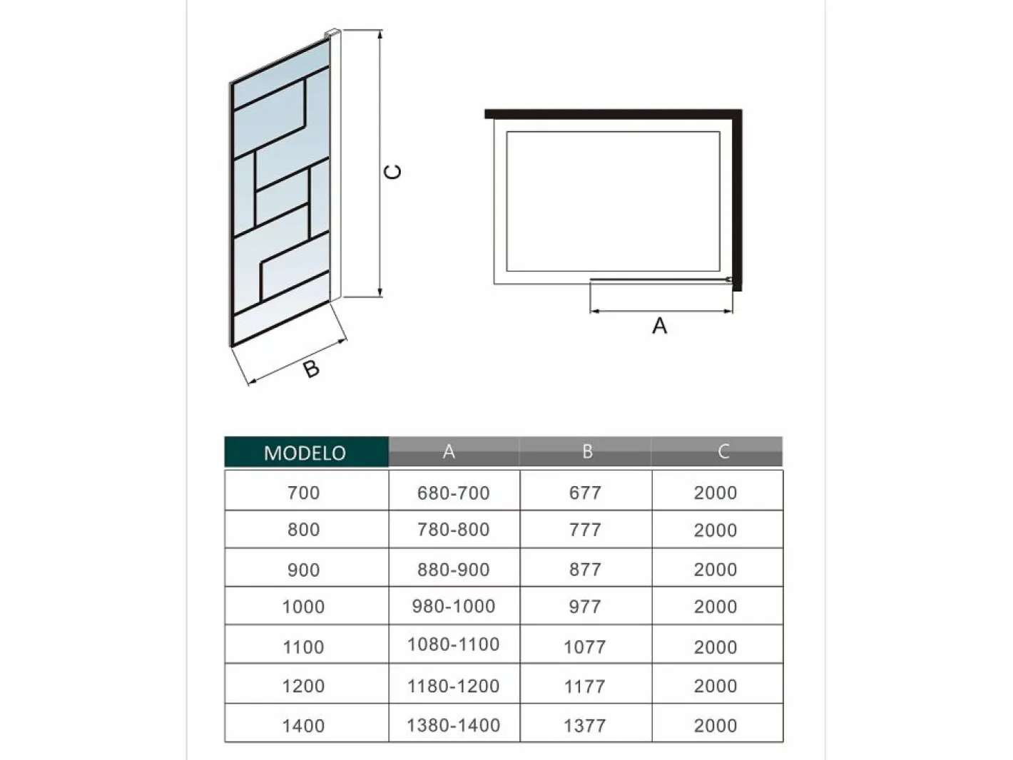 Aica Panel de ducha serigrafiada,vidrio 8mm antical,barra 140cm,perfil negro,(88-90)x200cm Transparente New