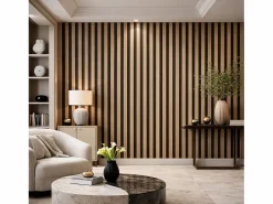 Panel decorativo de lamas de madera, láminas de MDF y fieltro PET, juego de 12 piezas 60x60, revestimiento de pared fonoabsorbente, color nogal claro^ Outlet