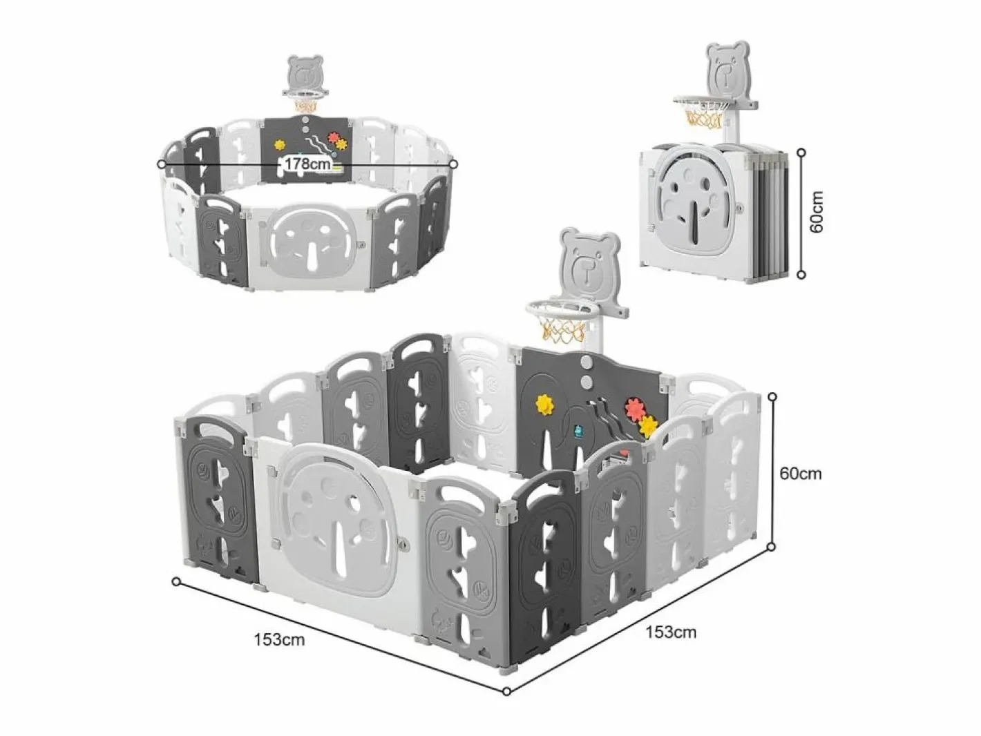 DripeX Paneles modulares de Yoleo - 12+2 - con cesta de baloncesto - plástico ecológico - 153x153x60cm Gris Outlet