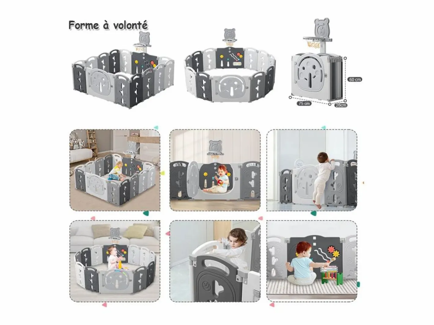 DripeX Paneles modulares de Yoleo - 12+2 - con cesta de baloncesto - plástico ecológico - 153x153x60cm Gris Outlet