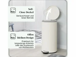 Papelera con pedal de 30L con cubo interior, metal marfil, tapa silenciosa (36x30x63,5cm) Blanco