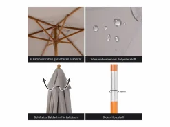 Parasol con LED, 3 posiciones, poliéster, bambú, gris, (250x250x230 cm) New