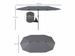 Parasol doble con manivela, protección UV, estructura de acero, gris oscuro (436x260x240 cm) Sale
