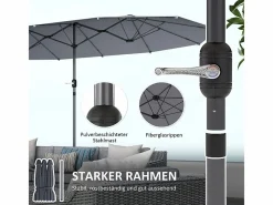 Parasol doble con manivela, protección UV, estructura de acero, gris oscuro (436x260x240 cm) Sale