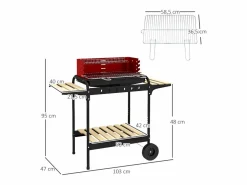 Barbacoa|Parrilla metálica con ruedas, altura regulable, estante de madera, carrito móvil, gris (103 x 47 x 95 cm)