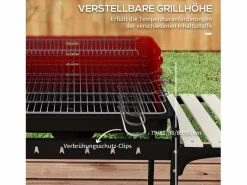 Barbacoa|Parrilla metálica con ruedas, altura regulable, estante de madera, carrito móvil, gris (103 x 47 x 95 cm)