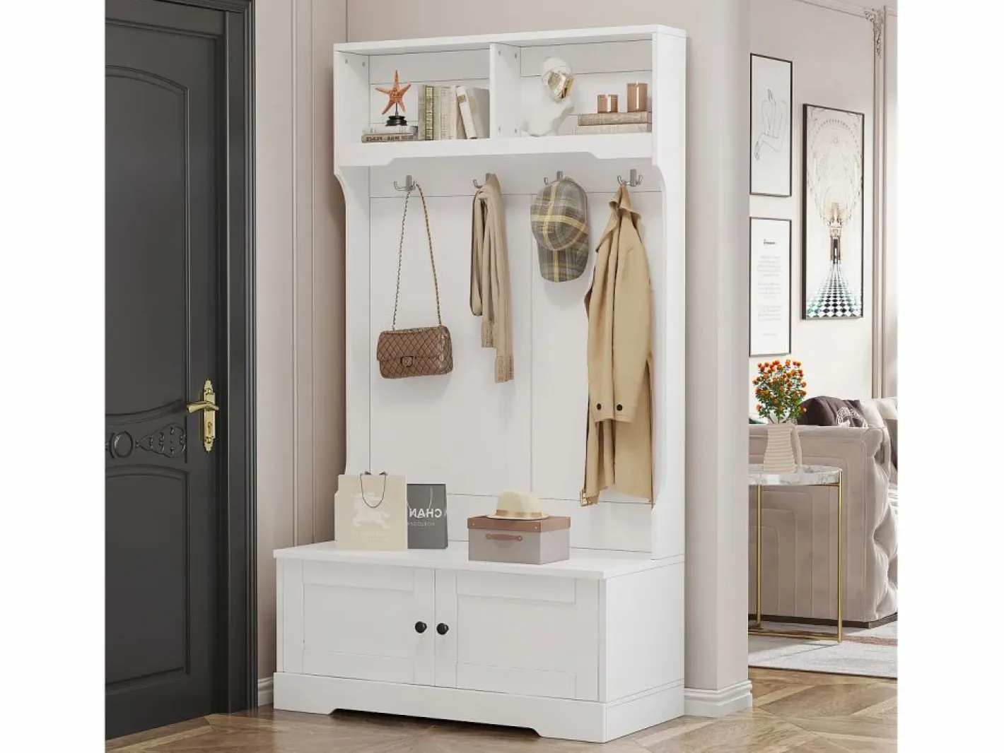 OKWISH Armario De Entrada|Perchero con 4 ganchos y 2 puertas de almacenamiento – Para recibidores y pasillos