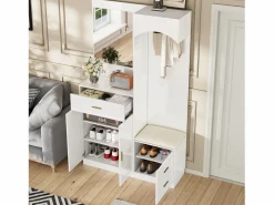 OKWISH Perchero con espejo, 1 cajón y 3 puertas – para entradas y pasillos Blanco Hot