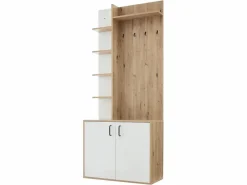 OKWISH Perchero blanco y natural con ganchos y estantes de almacenamiento, 2 puertas – Para recibidores y pasillos Color natural claro Best