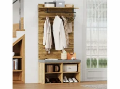 Perchero con banco zapatero, balda regulable y gancho, diseño compacto en tablero de partículas, color roble (84x32x175cm)^ New